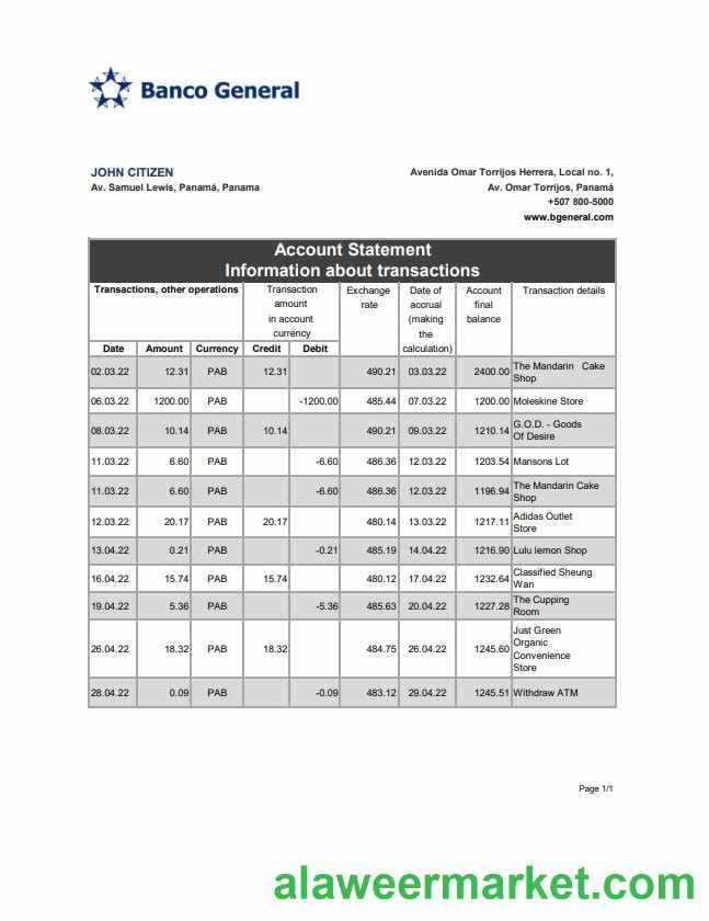 Panama Banco General bank statement xls